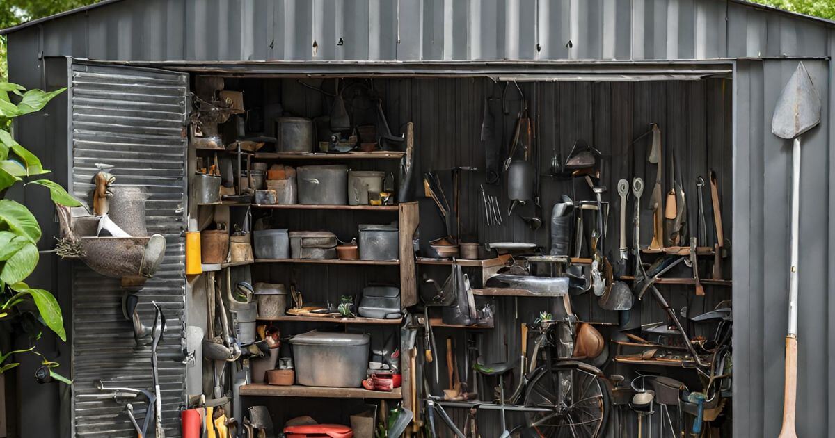 A cluttered steel shed